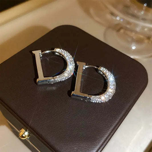 Showlu Fashion Store 0 New Fashion Full of Rhinestone Letter D Earrings For Women Luxury Brand Gold Color Metal Small Earrings Party Jewelry Gift