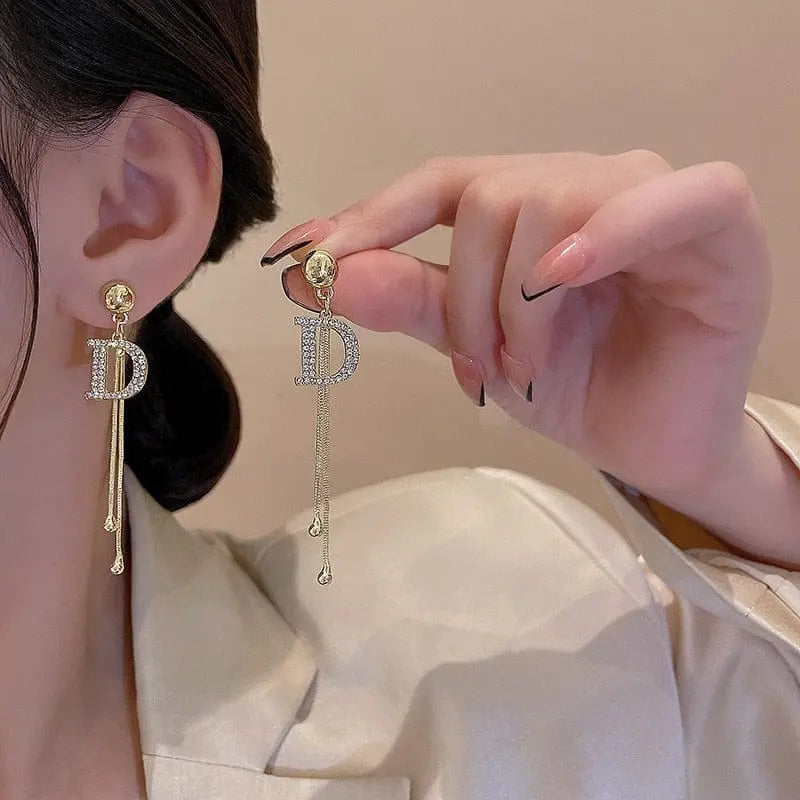 Showlu Fashion Store 0 ED0035-G New Fashion Full of Rhinestone Letter D Earrings For Women Luxury Brand Gold Color Metal Small Earrings Party Jewelry Gift