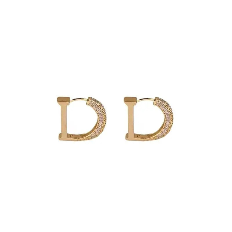 Showlu Fashion Store 0 New Fashion Full of Rhinestone Letter D Earrings For Women Luxury Brand Gold Color Metal Small Earrings Party Jewelry Gift