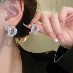 Showlu Fashion Store 0 ED0184 New Fashion Full of Rhinestone Letter D Earrings For Women Luxury Brand Gold Color Metal Small Earrings Party Jewelry Gift