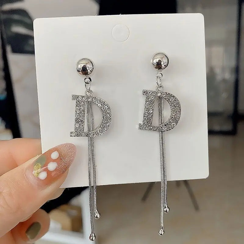 Showlu Fashion Store 0 ED0035-S New Fashion Full of Rhinestone Letter D Earrings For Women Luxury Brand Gold Color Metal Small Earrings Party Jewelry Gift