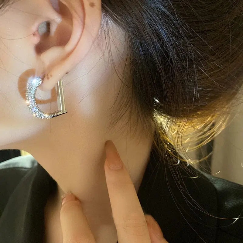 Showlu Fashion Store 0 New Fashion Full of Rhinestone Letter D Earrings For Women Luxury Brand Gold Color Metal Small Earrings Party Jewelry Gift