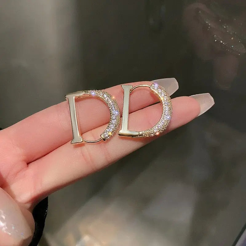 Showlu Fashion Store 0 New Fashion Full of Rhinestone Letter D Earrings For Women Luxury Brand Gold Color Metal Small Earrings Party Jewelry Gift