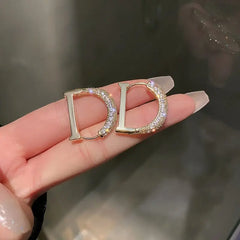 Showlu Fashion Store 0 New Fashion Full of Rhinestone Letter D Earrings For Women Luxury Brand Gold Color Metal Small Earrings Party Jewelry Gift