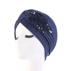 Showlu Fashion Store 0 Navy New Flower Decoration Turban Solid Color For Women Fashion Hair Wear Head Wrap Ladies Headwear Cancer Hats India Cap Bandana