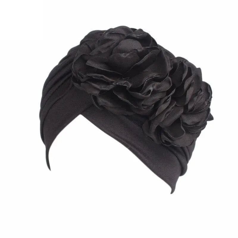 Showlu Fashion Store 0 Black 1 New Flower Decoration Turban Solid Color For Women Fashion Hair Wear Head Wrap Ladies Headwear Cancer Hats India Cap Bandana