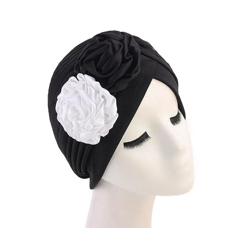 Showlu Fashion Store 0 Black 3 New Flower Decoration Turban Solid Color For Women Fashion Hair Wear Head Wrap Ladies Headwear Cancer Hats India Cap Bandana