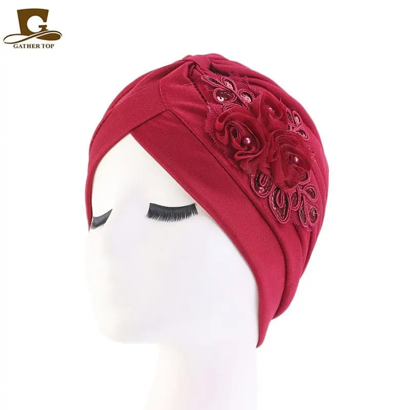 Showlu Fashion Store 0 Wine Red New Flower Decoration Turban Solid Color For Women Fashion Hair Wear Head Wrap Ladies Headwear Cancer Hats India Cap Bandana