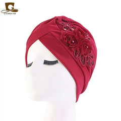 Showlu Fashion Store 0 Wine Red New Flower Decoration Turban Solid Color For Women Fashion Hair Wear Head Wrap Ladies Headwear Cancer Hats India Cap Bandana