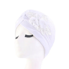 Showlu Fashion Store 0 White New Flower Decoration Turban Solid Color For Women Fashion Hair Wear Head Wrap Ladies Headwear Cancer Hats India Cap Bandana