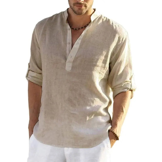 New Men's Linen Long Sleeve T-Shirt Solid Color Loose Casual Shirt Long Sleeve Cotton Linen Shirt - SHOWLU FASHION STORE