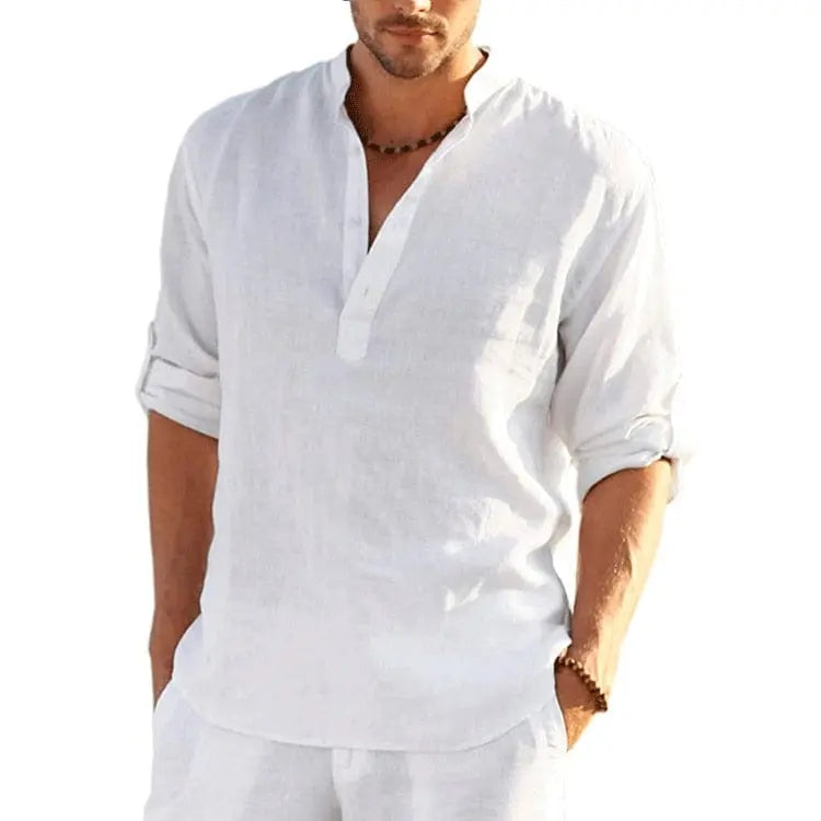 New Men's Linen Long Sleeve T-Shirt Solid Color Loose Casual Shirt Long Sleeve Cotton Linen Shirt - SHOWLU FASHION STORE