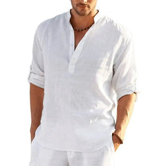 New Men's Linen Long Sleeve T-Shirt Solid Color Loose Casual Shirt Long Sleeve Cotton Linen Shirt - SHOWLU FASHION STORE