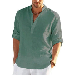 New Men's Linen Long Sleeve T-Shirt Solid Color Loose Casual Shirt Long Sleeve Cotton Linen Shirt - SHOWLU FASHION STORE