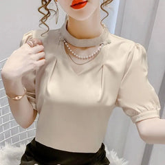 Showlu Fashion Store 0 Red / L Pearl Embellished Puff Sleeve Blouse