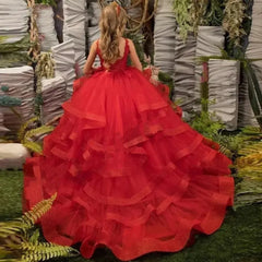 Red Ruffles Flower Girl Dresses Thin Shoulder Straps Tiered Appliques Sleeveless V - neck Communion Birthday Wedding Customised - SHOWLU FASHION STORE