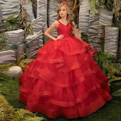 Red Ruffles Flower Girl Dresses Thin Shoulder Straps Tiered Appliques Sleeveless V - neck Communion Birthday Wedding Customised - SHOWLU FASHION STORE
