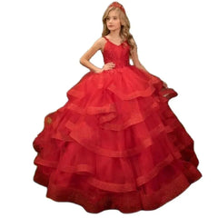 Red Ruffles Flower Girl Dresses Thin Shoulder Straps Tiered Appliques Sleeveless V - neck Communion Birthday Wedding Customised - SHOWLU FASHION STORE