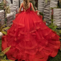 Red Ruffles Flower Girl Dresses Thin Shoulder Straps Tiered Appliques Sleeveless V - neck Communion Birthday Wedding Customised - SHOWLU FASHION STORE