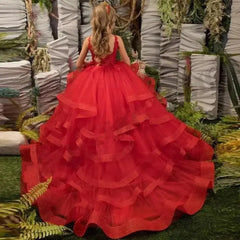 Red Ruffles Flower Girl Dresses Thin Shoulder Straps Tiered Appliques Sleeveless V - neck Communion Birthday Wedding Customised - SHOWLU FASHION STORE