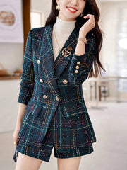 ZJYT Elegant Plaid Tweed Blazer Shorts Suits Autumn Winter Outfits for Women 2 Piece Business Chic Office Matching Set Plus Size SHOWLU FASHION STORE