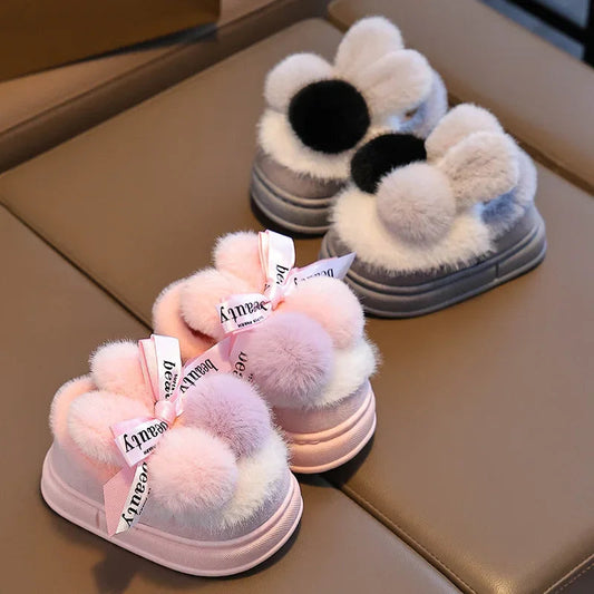 Winter Children Home Slippers Cover Heels Cute Hairball Girls Shoes Soft Non-slip Indoor Baby Boys Cotton Slippers Zapatos Niña