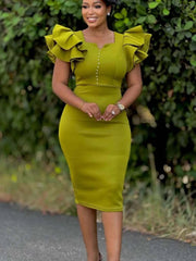 Elegant Spring Summer V Neck Dresses for Women Rhinestone Decor Ruffle Sleeve Party Dress Fashionable and Stylish Look SHOWLU FASHION STORE