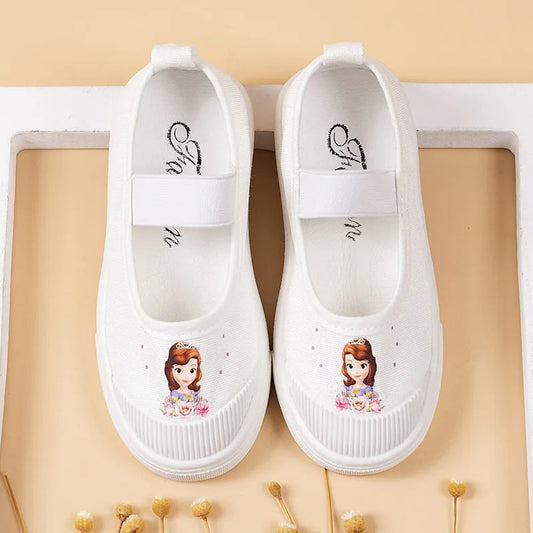 Disney Girls' Indoor Shoes Canvas Shoes Children's Shoes Soft Sole Non Slip Princess Elsa Little White Shoes Size 24-35