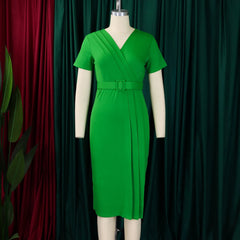 Summer new arrival fashion sexy V-neck casual slim fit ruched pencil dress short sleeve elegant plus size dress women clothing SHOWLU FASHION STORE