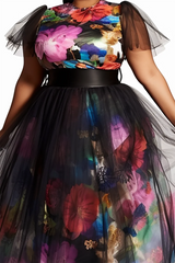Women Plus Size Dress Elegant Black Floral Autumn Fashion Round Neck Short Sleeve Wedding Guest Contrast Mesh Two Piece Dress SHOWLU FASHION STORE