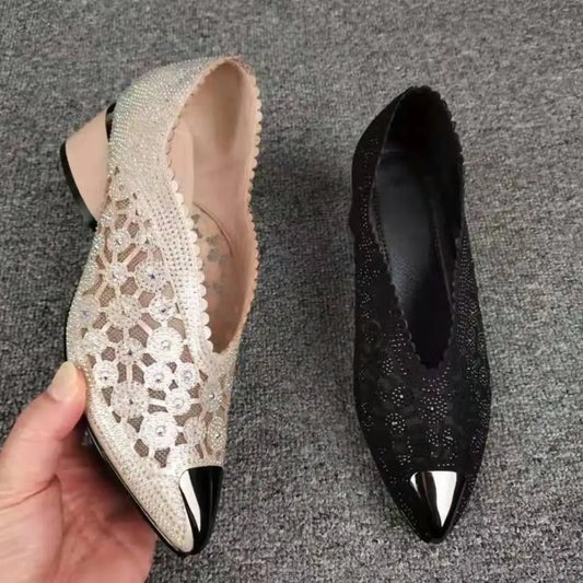 2023 spring rhinodrill thick high heel pointed black bow European and American fashion mesh hollow-out women's fashion shoes SHOWLU FASHION STORE