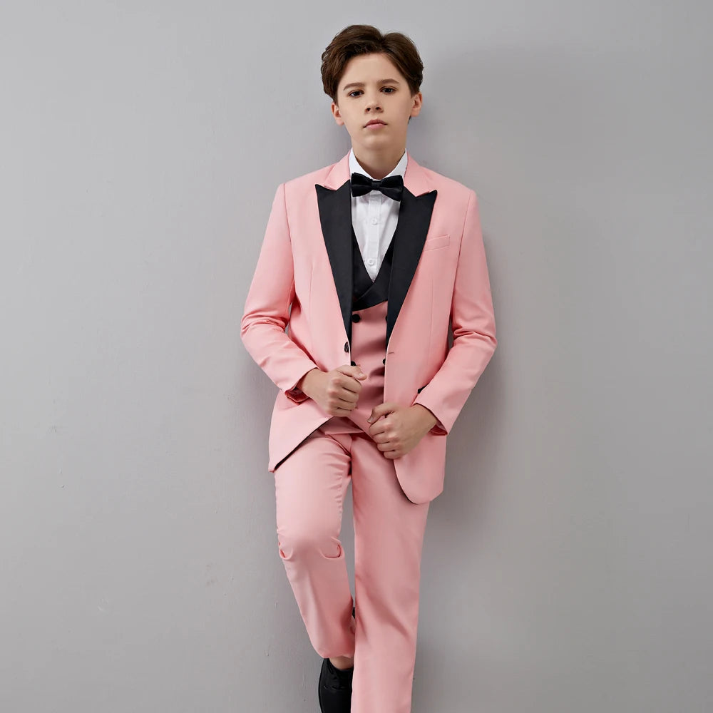 Children Kid Boy's Pink 3 Pieces Black Pointed Collar Suits Tuxedos Wedding/Prom (Jacket+Pants+Vest) Master Of Ceremonies Dress SHOWLU FASHION STORE