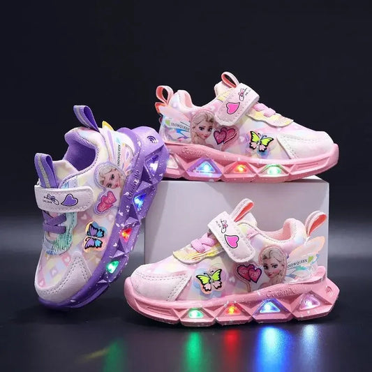 Disney LED Casual Sneakers For Spring Girls Frozen Elsa Princess Print Pu Leather Shoes Children Lighted Non-slip Pink Purple SHOWLU FASHION STORE