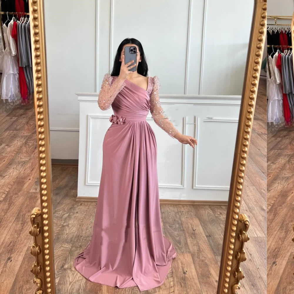 Customized Jersey Sequined Flower Beading Ruched Cocktail Party A-line V-neck Bespoke Occasion Gown Long Dresses SHOWLU FASHION STORE