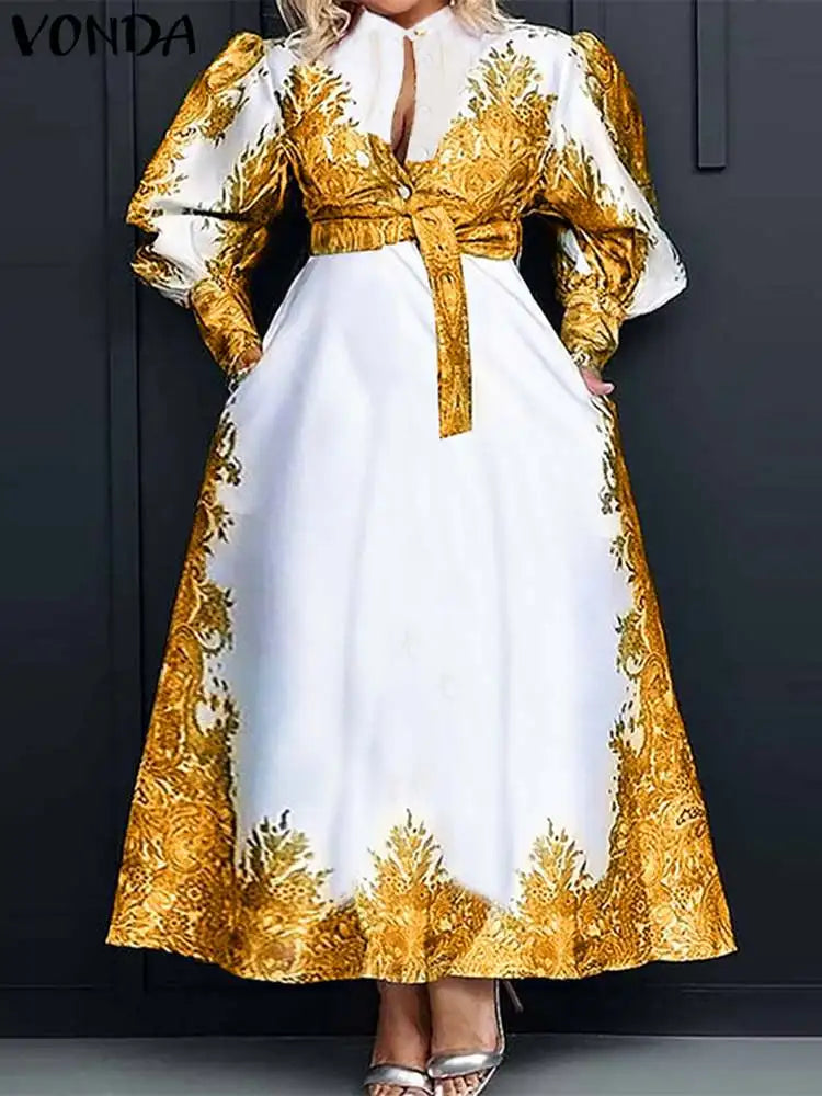 Plus Size 5XL VONDA Elegant Dress Women Summer Long Sleeve Belted Printed Maxi Long Dress Buttons Vintage Casual Robe Femme SHOWLU FASHION STORE