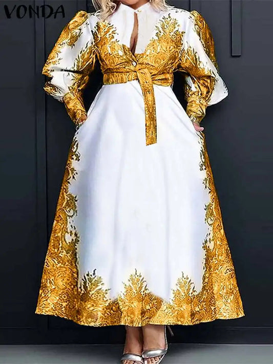Plus Size 5XL VONDA Elegant Dress Women Summer Long Sleeve Belted Printed Maxi Long Dress Buttons Vintage Casual Robe Femme SHOWLU FASHION STORE