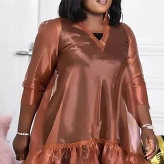Plus Size Semi Formal Midi Dresses Casual Brown Fall Winter V Neck 3/4 Sleeve Flounce Organza Midi Dresses SHOWLU FASHION STORE