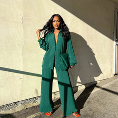QFAF Fashion Pleated Women's Set Long Sleeve Oversized Shirt and Wide Leg Pants 2023 Elegant Tracksuit Two 2 Piece Set Outfits SHOWLU FASHION STORE