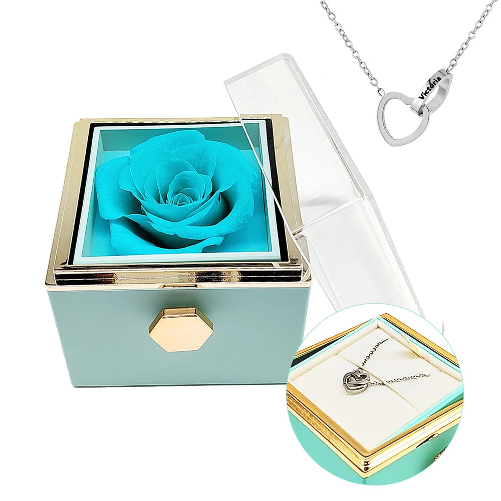 Rotating eternal rose engraved necklace valentines mother day gift box Engraved Interlocking Heart Necklace Eternal Rose Box SHOWLU FASHION STORE