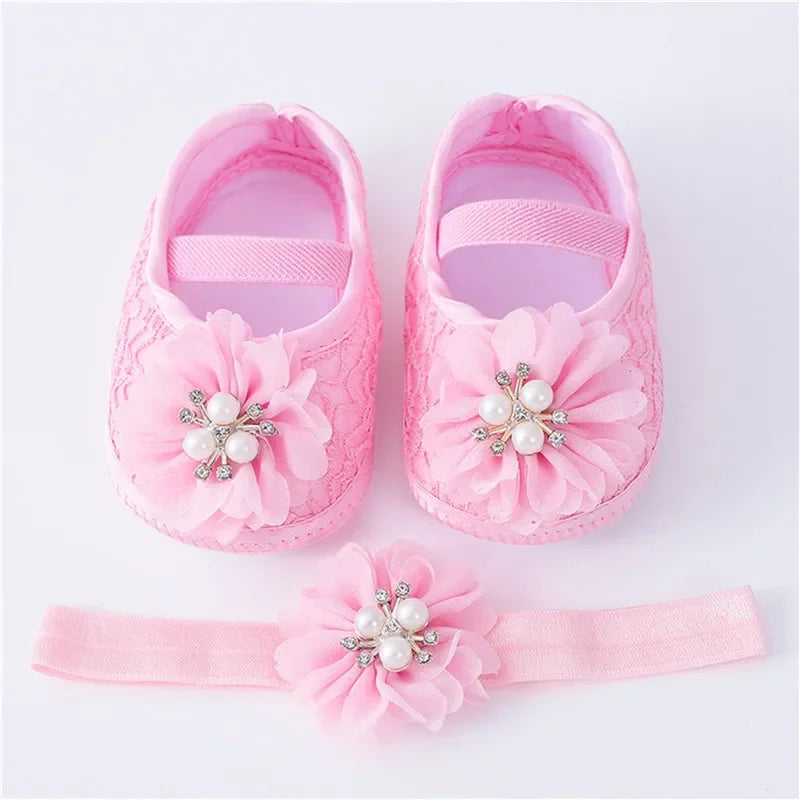 0-18months Baby Girls Shoes And Headband Soft Sole Non-Slip Pearl Flower Princess Wedding Dress Crib Shoes For Newborn Girls SHOWLU FASHION STORE