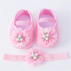 0-18months Baby Girls Shoes And Headband Soft Sole Non-Slip Pearl Flower Princess Wedding Dress Crib Shoes For Newborn Girls SHOWLU FASHION STORE