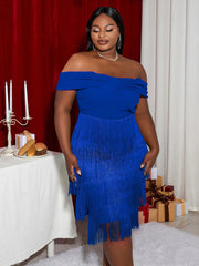 AOMEI Blue Tassel Dress Women Bodycon Christmas Off Shoulder Fringe Backless Plus Size Birthday Party Date Night Event Robes SHOWLU FASHION STORE