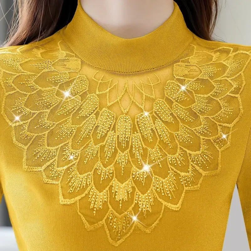 Women Blouse Turtleneck Lace Shirt Women's Mesh Blusas Ropa De Mujer SHOWLU FASHION STORE