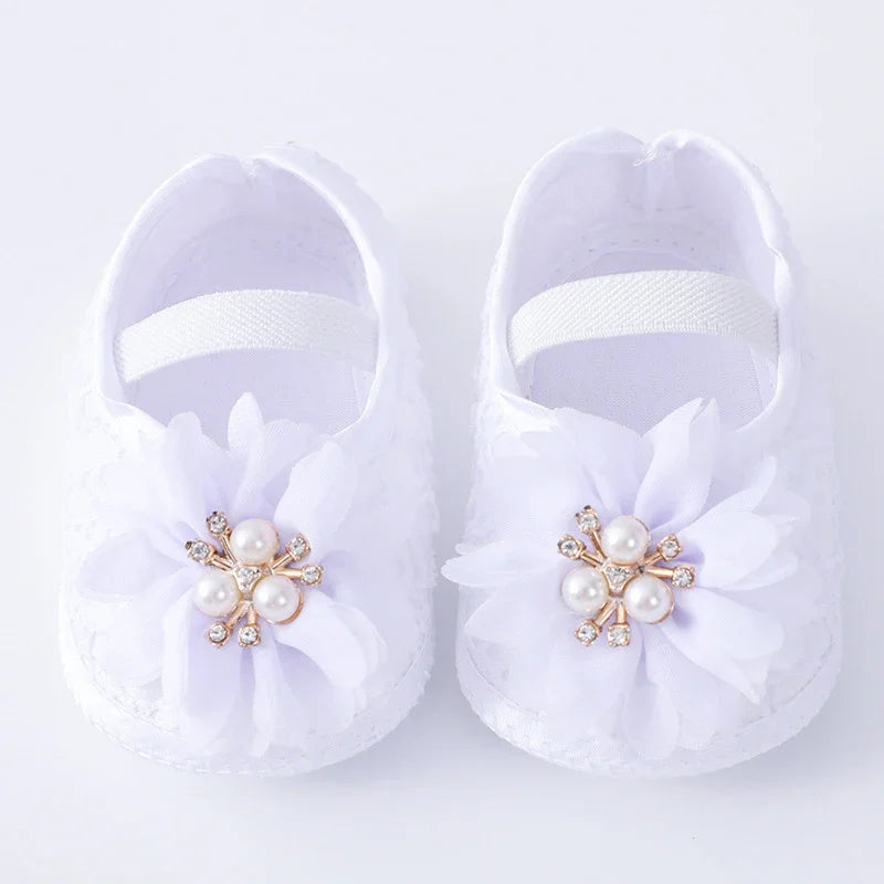 0-18months Baby Girls Shoes And Headband Soft Sole Non-Slip Pearl Flower Princess Wedding Dress Crib Shoes For Newborn Girls SHOWLU FASHION STORE