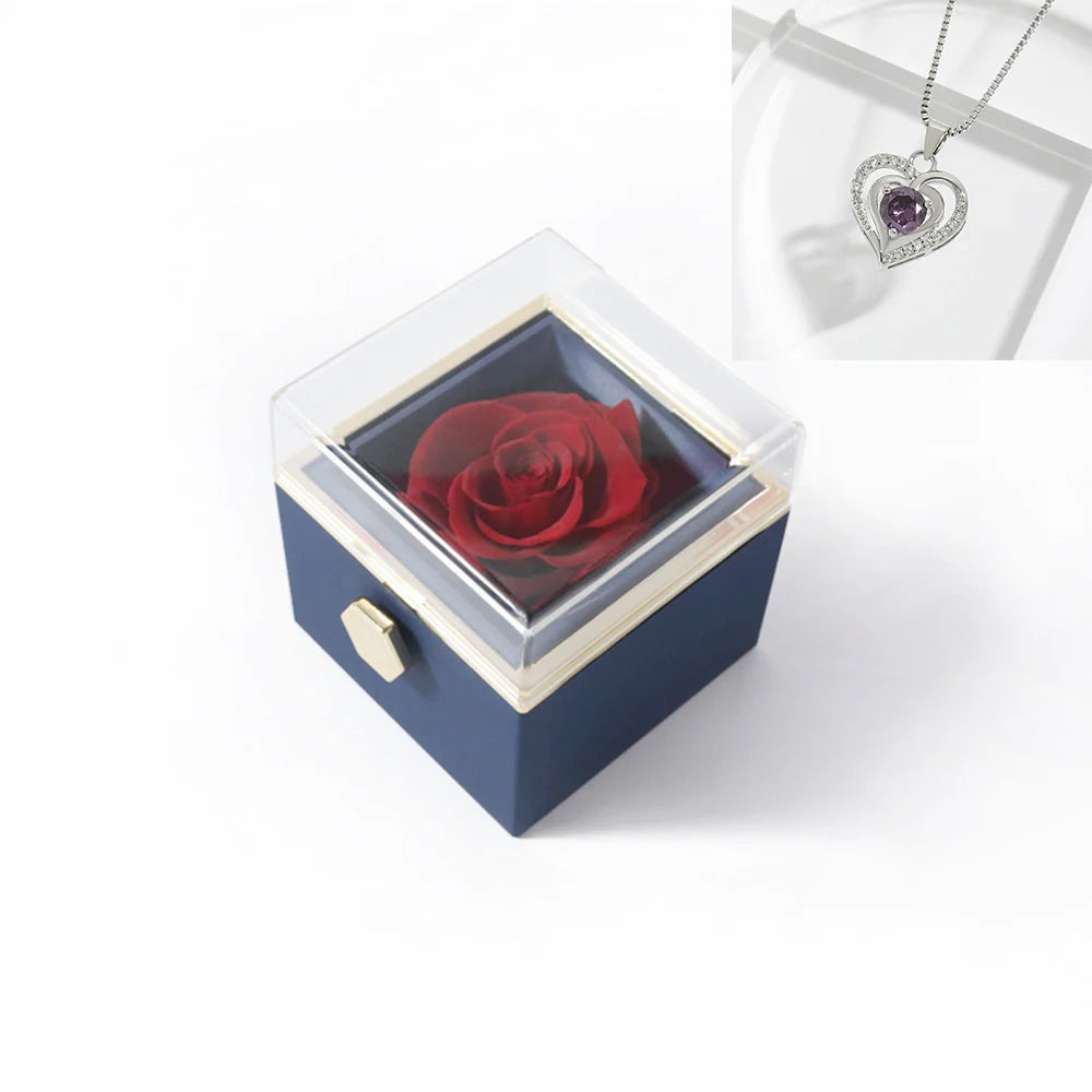 Rotating Rose Gift Box Acrylic Ring Necklace Preserved Flower Jewelry Box For Girlfriend Mother Valentine's Day Christmas Gifts SHOWLU FASHION STORE