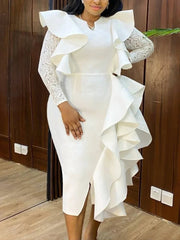 Elegant White Party Dress V Neck Lace Long Sleeve Ruffles High Waist Bodycon Women's Birthday Evening Dresses for Ladies New SHOWLU FASHION STORE