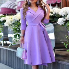 Women's Fashion V-neck Strap Waist Dress New Mid-sleeve Women's Dress Temperament Commuter Women's Dress