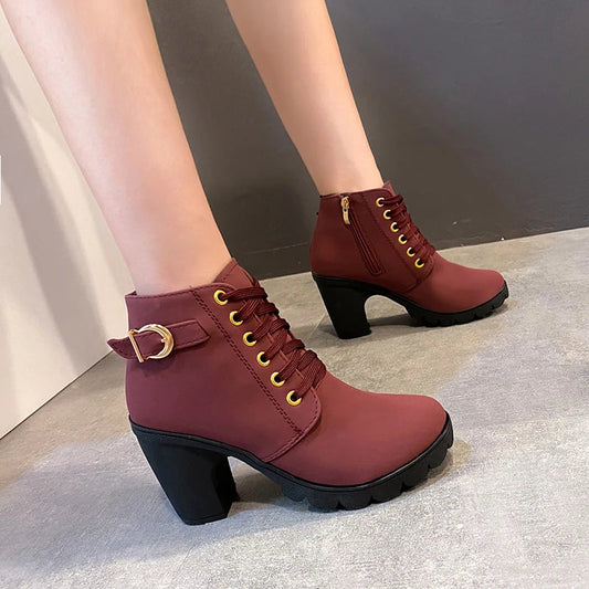 New Spring Winter Women Pumps Boots High Quality Lace-up European Ladies Shoes PU High Heels Boots Fast Delivery Platform Boots SHOWLU FASHION STORE