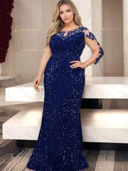 O Neck Illusion Long Sleeve Evening Party Dress Lace Flowers Sequin Mesh Floor Length Prom Gown Elegant Women Plus Size SHOWLU FASHION STORE