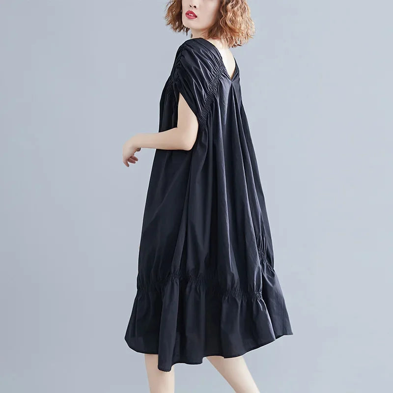V-neck Dress Irregular Oversized Loose Skirt Black Pleated Fishtail Skirt Fashionable Off The Shoulder New Style Plus Size SHOWLU FASHION STORE